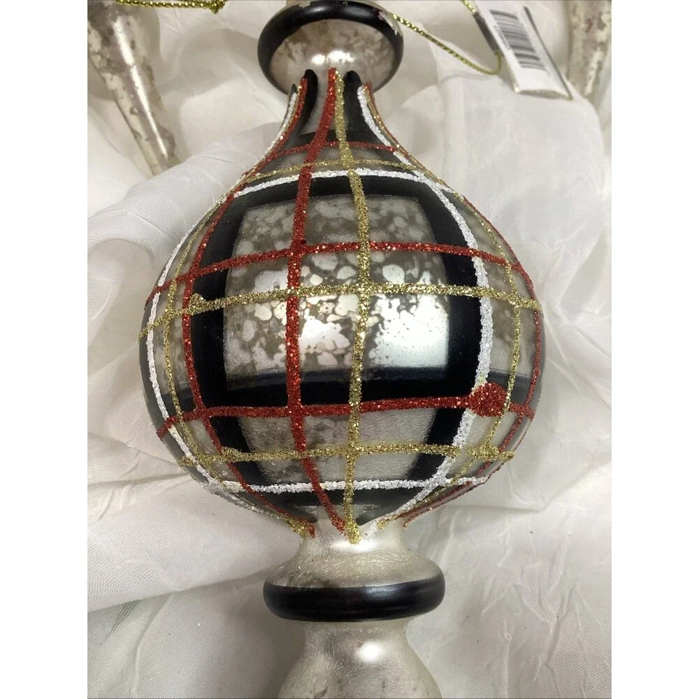 Mercury Glass Finial Christmas Plaid Ornaments X4 Black, Red, Gold & Silver 9